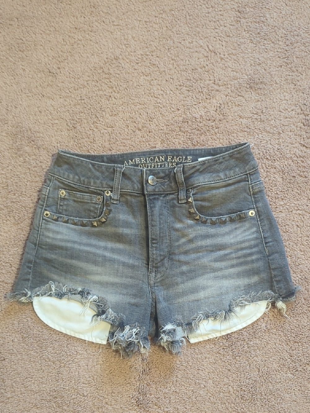 American Eagle Outfitters Gray Stud-Trim Distressed Denim Shorts